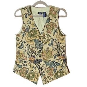 Vintage GAP Tapestry VEST Floral Button Up Green Yellow Size S Cotton Blend